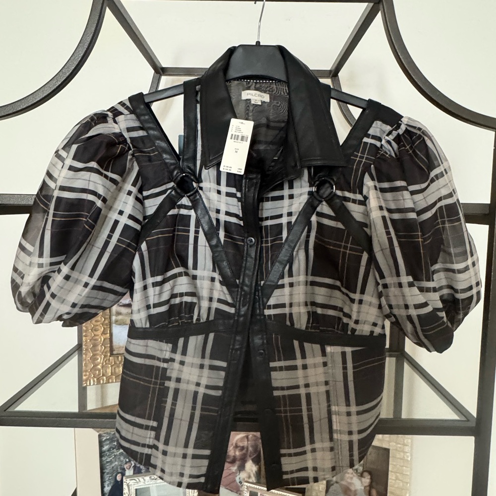 Plaid Puff Sleeve Top with Faux Leather Details Anthropologie